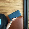 Damen lange Geldbörse aus Leder Klassische Handtasche mit Druckknopf elegant stilvoll - Blau