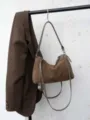 Brown suede shoulder bag detail, large capacity casual commuting handbag with stylish padlock charm. - Khaki