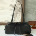 Minimalist black leather bowling bag boston shoulder handbag large capacity daily tote. - 33x12x14cm / Black