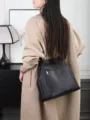 Genuine leather bucket bag for women, large capacity shoulder bag and casual tote bag. - Black