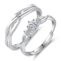 Silver Couple Rings Adjustable Open Twisted Band Three Stone Matching Rings Pair Gift - Intertwined Love Couple Rings