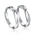 Couple open rings set, silver twisted metal band and sparkling diamond paved minimalist design. - Interlaced Love Couple Rings