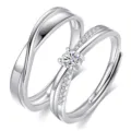 Silver couple rings set, adjustable open ring design with sparkling cubic zirconia stones. - Mobius Four-Prong Couple Rings