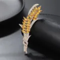 Gold wheat ear brooch with sparkling yellow crystals and clear rhinestones, elegant coat accessory. - Three-Dimensional Full Rhinestone Style (XD825161-1)