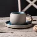 Set de taza y platillo de café de cerámica retro japonesa, taza bicolor para oficina. - 201-300ml / Taza y Plato de Café Arena Azul