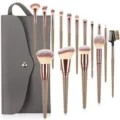 Professional makeup brush set with grey pouch, 15 pieces for foundation and eye shadow. - Pointed Handle with Bag / 15 Pieces / Champagne
