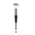 Detail shot of the dual-ended makeup brush featuring soft synthetic bristles and sleek handles. - Black Handle Silver Ferrule