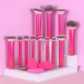12-delige professionele make-up penselen set met roze lange handvatten en zachte sponzen. - 12 stuks RT Borstels En 3 stuks Donsjes Rozerood