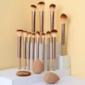 12-delige professionele make-up penseelset met beauty spons en poederdons, lang handvat design. - 12 stuks RT Borstels En 3 stuks Donsjes Champagne
