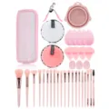 Pink 37-piece makeup brush set with beauty sponge puffs eyelash curler and mesh storage bag - 37-Piece Full Makeup Brush Tool Kit With Bag Pink