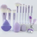 Details showing the complete 13-piece purple makeup brush set with beauty sponges and curler. - Full 13 Piece Set (Purple)