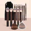 13pcs makeup brush set with brown aluminum ferrules, storage pouch, and triangle powder puffs. - 13 Pcs Makeup Brush Set / Coffee Brown
