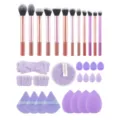 Uitgebreide make-up kwastenset met cosmetische sponsjes, haarband en poederdons. Ideale variant. - 32 stuks Borstel Poederdons Combo Paars