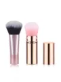 Portable retractable makeup brush set with rose gold metal case and soft synthetic bristles. - Small Retractable Gold Pink Powder Brush