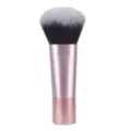 Portable makeup brush with pink metal handle and soft dual-color bristles for loose powder. - RT Powder Brush Pink Handle