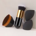 Detailed view of 4-piece makeup brush and sponge set for seamless smooth facial base makeup. - Fat Round Brush + No.55 Brush + Olive Cut Sponge Black