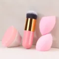 4-piece makeup brush and sponge set, pink kabuki foundation brush and beauty blender tool kit. - Fat Round Brush + No.55 Brush + Olive Cut Sponge Pink