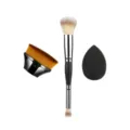 Dual-ended makeup brush set with foundation brush and black sponge for daily makeup application. - Black And Silver Set
