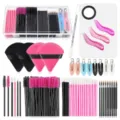 Disposable makeup tool set including eyelash brushes, lip brushes, puffs, clips, and palette. - Mascara Wand & Puff Set / 234 Pieces Set / Rose Red