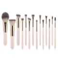 14-piece makeup brush set with soft synthetic bristles and chic pink handles for flawless travel. - Nude