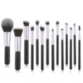 14-piece professional makeup brush set with black handles and soft synthetic bristles for face and eye. - Purple