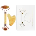 Set de rodillo facial de ámbar y gua sha, herramienta de masaje de rodillo de jade de doble cabezal. - Set de dos piezas / Marrón Ámbar Con Caja de Libro