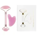 Set de rodillo facial de cuarzo rosa y gua sha para cuidado antiedad y masaje de la cara. - Set de dos piezas / Rosa Transparente Con Caja de Libro