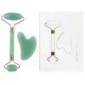 Set de rodillo facial de jade verde y gua sha para herramienta de masaje anti edad. - Set de dos piezas / Verde Con Caja de Libro