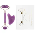 Set de rodillo facial de jade morado y gua sha con caja de regalo para masaje de ojos y cara. - Set de dos piezas / Morado Bruma Con Caja de Libro