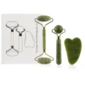 Green jade roller and gua sha set variant with metal frame and gift box packaging. - 3-Piece Jade Roller Gift Set / Emerald