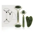 Jade roller and gua sha set facial massager 3-piece kit for skin care and relaxation. - 3-Piece Jade Roller Gift Set / Dark Green