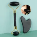 Black jade facial roller and gua sha set, natural stone massage tool for skincare and face lifting. - 2-Piece Jade Roller Set / Black Jade