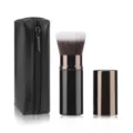 Portable retractable makeup brush set with black PU leather zipper pouch for daily travel use. - Patchwork Flat Head with Bag
