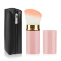 Portable retractable makeup brush set with PU zipper bag, pink loose powder blush cosmetic tool. - Large Slanted Pink With Bag