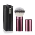 Portable large retractable kabuki makeup brush set with black PU zipper pouch for loose powder. - Large Burgundy Round Three-Color Hair With Bag