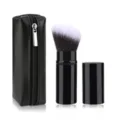 Portable retractable kabuki makeup brush with black PU zipper pouch for powder and blush. - Small Slanted Round Black With Bag