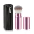 Portable retractable makeup brush set with pink metal handle and black pu leather zipper bag. - Small Rose Pink With Bag