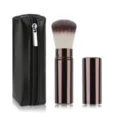 Portable retractable makeup brush with black PU zipper pouch, professional cosmetic tool for face. - Small Long Handle Coffee With Bag