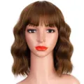 Kurze braune Wellen Perücke mit Pony Bob synthetisches Haar flauschig schulterlang für Party. - Braun