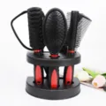 Hair brush set 5 pieces mirror comb styling tool with convenient storage stand black red - Red