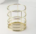 Gold metal makeup brush holder stylish wire mesh round organizer for desktop cosmetic tools. - Hoop Style / Gold