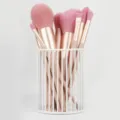 Pink makeup brush set with white metal holder, soft bristles for professional cosmetic application. - Vertical White