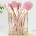 Pink makeup brush set with gold holder, professional cosmetic tool for daily beauty makeup. - Square Gold