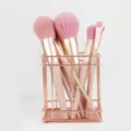 Rose gold wire makeup brush holder with pink fluffy bristles, elegant cosmetic organizer. - Square Rose Gold