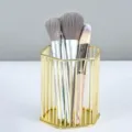 Gold metal makeup brush holder, hexagonal cosmetic storage bucket for vanity desk organization. - Hexagon Gold