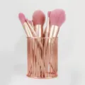 Metal makeup brush holder with pink brush set, stylish rose gold storage cup for vanity desk. - Vertical Rose Gold Color