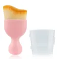 Pink curved wave foundation brush with clear cover, ergonomic makeup tool variant. - Curved Brush + Plastic Box / Pink
