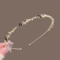 Retro vine flower headband with black enamel, pearls and rhinestones for elegant women styling - Gold Artificial Pearl Rhinestone Black Flower Headband