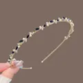 Vintage gold vine headband with dark blue leaves, pearls and rhinestones for women. - Gold Artificial Pearl Blue Crystal Leaf Hairpin