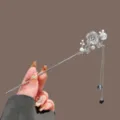 Silver rose hair stick with pearls and tassels, elegant Chinese style hairpin for Hanfu updo. - Silver Ink Rose Flower Tassel Hair Stick